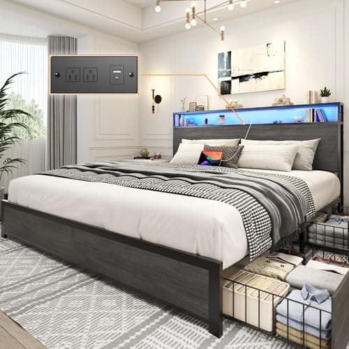 Lifezone King Bed Frame with 2-Tier Storage Headboard, Metal Platform Bed Frame with 4 Storage Drawers, Built in Charging Station & LED, Noise-Free/Metal Support/No Box Spring Needed, Rustic Grey