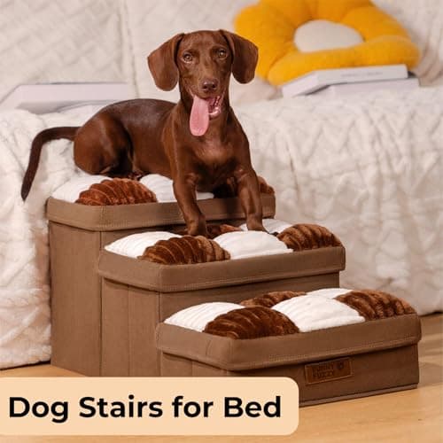 FUNNYFUZZY Dog Stairs with Storage 13“H,Foldable 3-Step Pet Steps for Small Medium Dogs with Sturdy Stylish Cover,Dog Steps for Couch Sofa and Chair,Non-Slip, Indoor,Brown 7