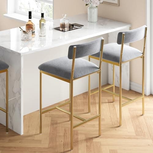 GAOMON Bar Stools Set of 2, Counter Height Bar Stools with Footrest, Velvet Upholstered Kitchen Barstools, Bar Chairs with Back for Kitchen Island, Counter Bar, Easy Assembly, Gray and Gold