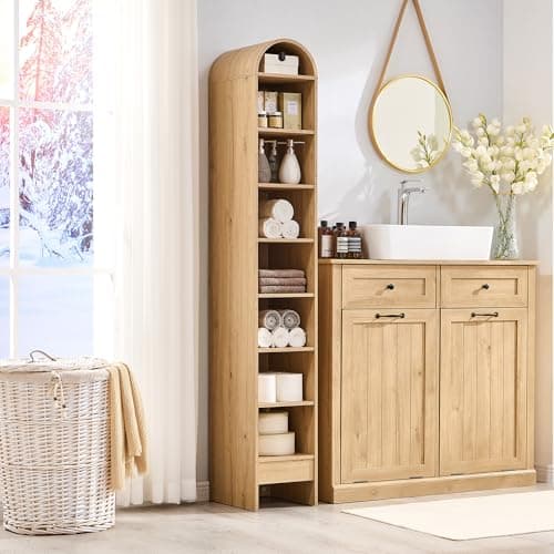 IFGET 67" Tall Arched Bookshelf, 8 Tiers Arch Bookcase with Storage, Modern Farmhouse Book Shelf with Adjustable Shelves, Wood Bookshelf w/Open Display Shelves for Living Room, Office (Natural) 6