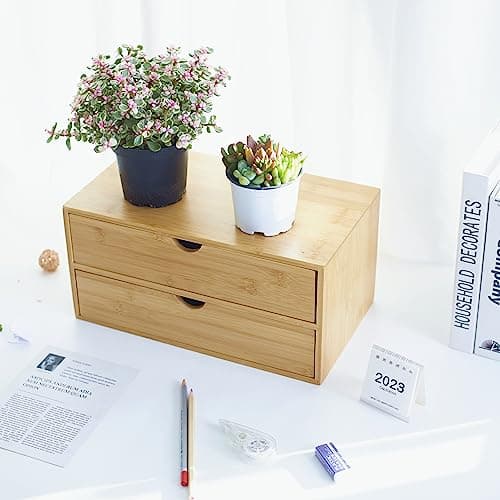 Charmewooden Bamboo Desk Organizer with Drawers, Countertop Organizer with Drawers Makeup Storage Drawer 2 Drawers Tabletop Storage Organization Box Home Office Workspace Bathroom Toiletries Supplies 7