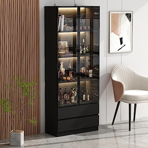 Homsee Bookcase Bookshelf with 4-Tier Shelves, Glass Doors, Drawers and LED Lights, Wooden Display Storage Cabinet for Home Office, Living Room, Black (31.5”W x 14.2”D x 78.7”H)