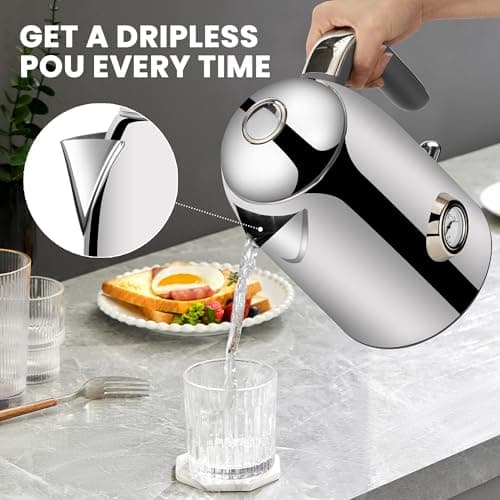 SUSTEAS Electric Kettle - 57oz Hot Tea Water Boiler with Thermometer, 1500W Fast Heating Stainless Steel Pot, Cordless LED Indicator, Auto Shut-Off & Boil Dry Protection, Silver 6