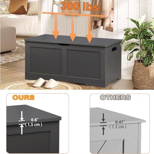 Timberer 39.4" Storage Chest, Wooden Storage Bench, Large Storage Trunk with 2 Safety Hinges, Entryway Shoes Bench for Living Room, Bedroom, Dark Gray 5