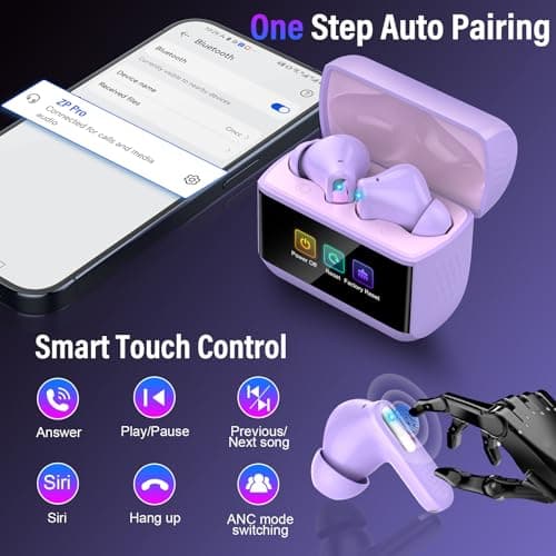 ZYHKON Wireless Earbuds, Bluetooth 5.4 Headphones with Multifunction Touch Screen, 48H Deep Bass Stereo Ear Buds, 5 EQ Modes, ANC/ENC Noise Cancelling, Transparency Mode, IPX7 Earbuds, Purple 7