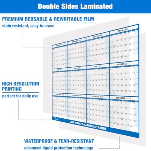 24" x 36" 2026 Wall Calendar, Folded Wet & Dry Erase Wall Calendar 12 Month, Yearly Laminated Annual Calendar 2026, Reversible Wall Calendars, Horizontal/Vertical Wall Planner, with Julian Dates 5