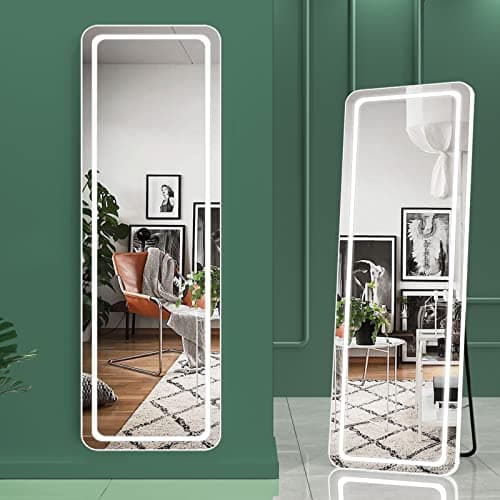 Hasipu Full Length Mirror with Lights, 56" x 16" LED Floor Mirror, Full Body Dressing Standing, Hanging Mounted Mirror for Living Room Bedroom Cloakroom, Round White 7