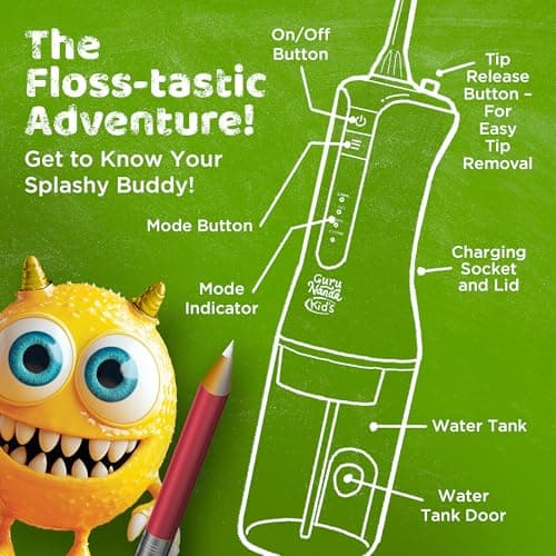 GuruNanda Kids Water Dental Flosser - 4 Flossing Modes, 4 Nozzles, 2-Min Smart Timer, Ages 6+, Monster Frens Theme, Portable Oral Care for Kids 5