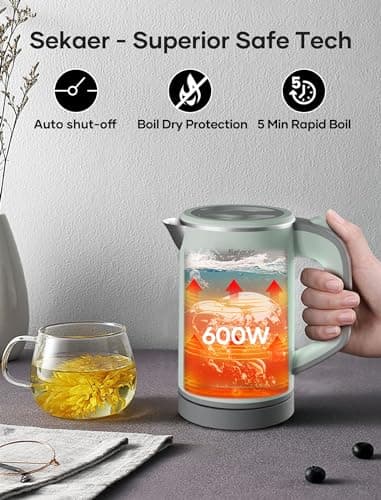 Sekaer Small Electric Tea Kettle Stainless Steel 0.8L Portable Travel Hot Water Boiler, Mini Electric Coffee Kettle with Auto Shut-Off & Boil Dry Protection, Cordless Base & Green 6