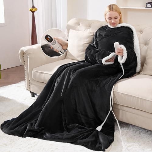 VOLISUN Wearable Heated Blanket with Foot Pocket,Electric Throw Blanket with Sleeves,9 Heating Levels & 1-10 Hours Auto Shut Off,50x70 Inch,Grey