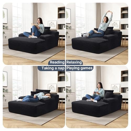 Yomsum 65'' Chaise Lounge Chair Indoor, Black Plush Corduroy Cloud Couch, Fluffy Oversized Sofa Bed for Bedroom Living Room, Comfy Boneless Reading Longue Chair Sleeper Sofa No Assembly 5