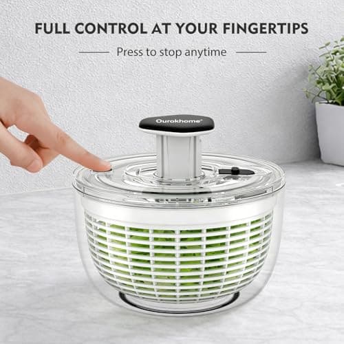 Ourokhome Salad Spinner Lettuce Dryer, One-handed Easy Press Large Vegetable Dryer Salad Mixer with Comfortable and Retractable Pusher and Brake Button for Greens, Herb, Berry, Fruits, 3.8 QT, Black 5