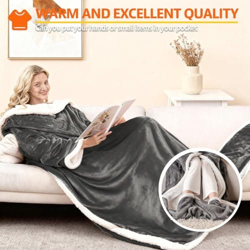 Qieryun Heated Blanket Wearable Electric with Sleeves & Foot Pocket, Heating Blanket with 8 Hours Auto Off 10 Fast Heating Levels, Machine Washable, Gift Idea, 52”*72”+18” 7