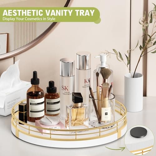 Round Wooden Decorative Tray for Coffee Table Kitchen Dining Table Decor - Rustic Farmhouse Wood Centerpiece Display Tray for Living Room Decor, Perfume, Plant,Bathroom Accessories (10" White Gold) 5