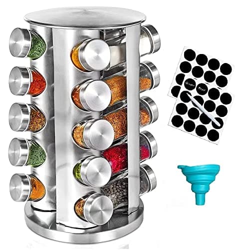 Kylinbigda 360-degree Rotating Glass and Stainless Steel Spice Rack with 20 Jars, Anti-Sprinkling Design, Great Gift