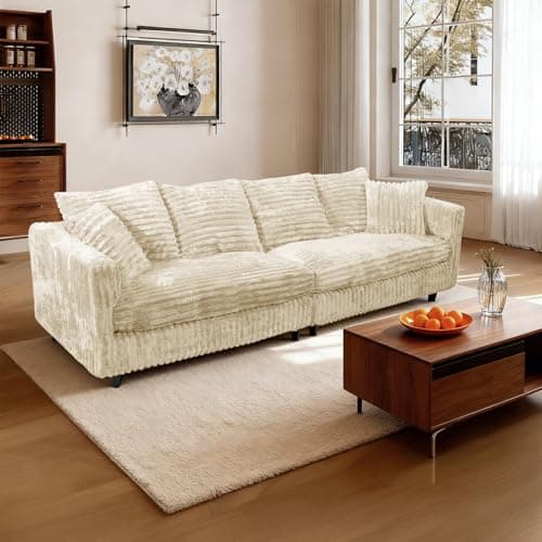 MJQFVM 104.3'' Cloud Couch, 4 Deep Seat Convertible Modular Sectional Sofa, Plush Corduroy & Memory Foam Couches with 6 Soft Pillows for Living Room, Apartment (Beige, 104.3'')