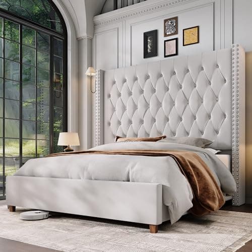 Jocisland Queen Size Bed Frame with 61.4" Tall Headboard, Velvet Upholstered Wingback Platform Design, Handcrafted Pleats& Deep Button Tufted, Solid Wood Legs, No Box Spring Needed, Cream