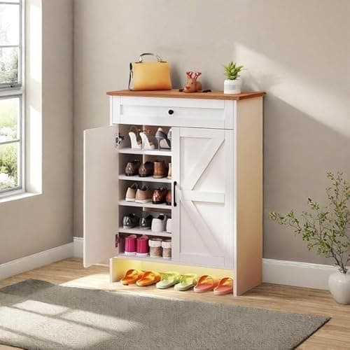 DWVO 6-Tier Shoe Cabinet with Doors & Drawer – Adjustable Shelves with Induction Strip for Entryway Living Room Storage(White)