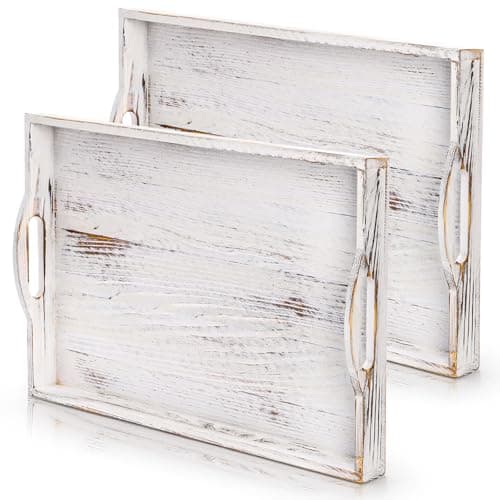 DEAYOU 2 Pack Wood Serving Tray, 16.5" Ottoman Wooden Trays for Coffee Table, Farmhouse Vintage Decorative Tray Platter with Cutout Handle for Eating, Breakfast, Rectangle, 16.5" L x 11" W