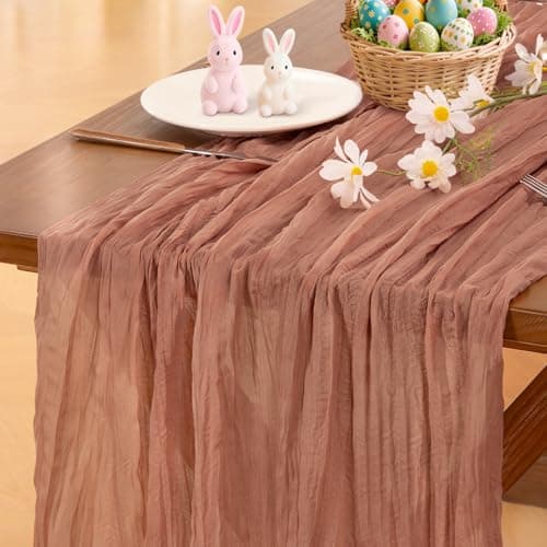 Socomi Dusty Rose Easter Spring Cheesecloth Table Runner Boho Rustic Gauze 120 inch 10FT Cheese Cloth Runner for Wedding Party Baby Shower Birthday Home Decor Holiday Decorations