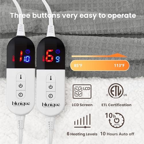 blunique Heated Blanket Electric Blanket King Waffle,90x100 Inches Sherpa Fleece Fast Heating Blanket 6 Heating Levels & 10 Hours Auto Off ETL Certification, Grey King 5