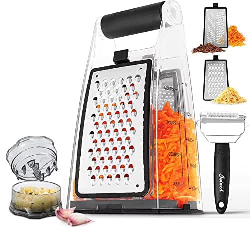 Joined Cheese Grater with Garlic Crusher- Box Grater Vegetable Shredder with 2 Stainless Steel Blades - Graters for Kitchen- Cheese Graters with Handle - Garlic Mincer Tool and Vegetable Peeler