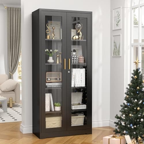 Glass Display Cabinet, 71" Tall Metal Curio Cabinet with Glass Doors, Black Display Case, Storage Cabinets with 4 Adjustable Shelves, Locking Storage Cases for Hallway, Kitchen, Living Room