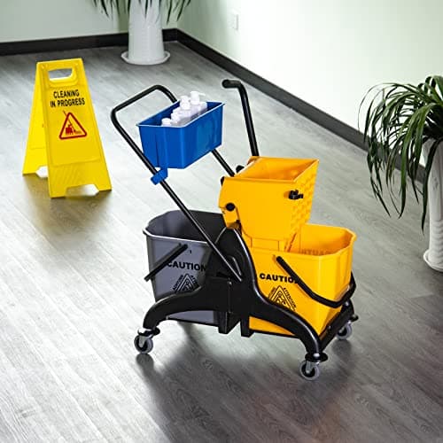 HOMCOM 2 x 6.9 Gallon Mop Water Bucket Wringer Cart with Easy to Use Side Press Wringer, Smooth Wheels, Mop-Handle Holder 9