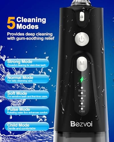 Bezvoi Water Flosser Teeth Pick: 5 Modes Cordless Water Dental Floss 300ML Portable Rechargeable IPX7 Waterproof Electric Water Flossing Cleaning Picks with 6 Jet Tips Oral Irrigator Cleaner, Black 5