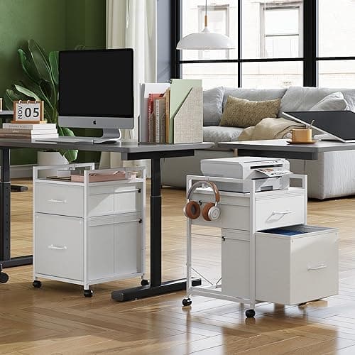 DEVAISE 2 Drawer Mobile File Cabinet, Rolling Printer Stand with Fabric Drawer, Vertical Filing Cabinets with Hanging Folders Fit A4 or Letter Size for Home Office, White 6