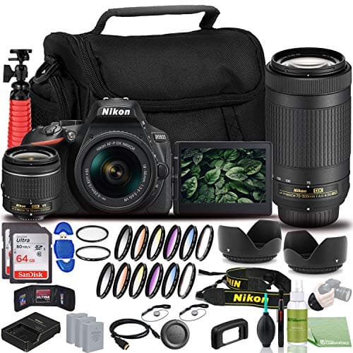 Nikon D5600 DSLR Camera - Bundle - with 18-55mm and 70-300mm Lenses (1580) + 2X EN-EL14a Battery + 2X SanDisk Ultra 64GB Card + 55mm Color Filter Kit + 58mm Color Filter Kit + Case + More
