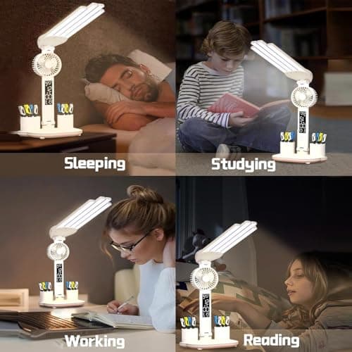 niccryle Led Desk Lamp with Fan Study Light with Clock, Adjustable Foldable Table Lamp with Pen Holder, 3 Brightness Levels, USB Charging Port 7