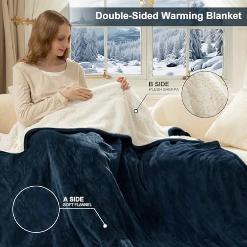 FVERWAG Queen Size Heated Blanket - Dual Control Electric Blanket Queen with 5 Heating Levels, 10 Hours Auto Off, Overheat Protection, Washable Flannel Sherpa Heating Blanket, 84 x 90 Inch, Navy 6