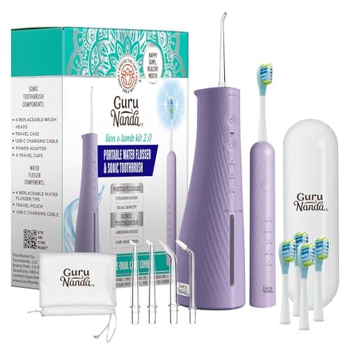 GuruNanda Lion & Lamb Kit 2.0, Electric Toothbrush with Water Flosser Combo, 4 Jet Tips, 4 Brush Heads, & IPX7 Waterproof Design for Complete Oral Care, Lavender