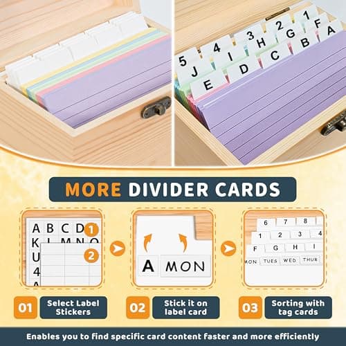 MOBYKE Index Card Holder 3x5, Wooden Origanizer Recipe Box with 100 PCS Flash Cards, 30 Plastic White Dividers, 1 Blank Sticker and 1 Letter Sticker, Flashcard Notecard Holders for Home Office 5
