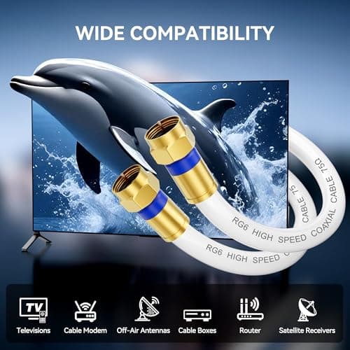 Digoloan Coaxial Cable 3ft/6ft/10ft/15ft/25ft/50ft/60ft/75ft/100ft, RG6 Coax Cable Extender with Gold F-Type Connector, High Speed Internet for HD TV, Modem, Digital Antenna, Satellite, White(1.5ft) 6