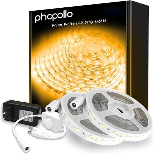 phopollo Warm White LED Strip Lights, 32.8ft (2 Rolls of 16.4ft) Dimmable 3000k Warm White Led Light Strip, 600 LEDs Flexible Led Lights for Bedroom, Mirror, Kitchen Decoration