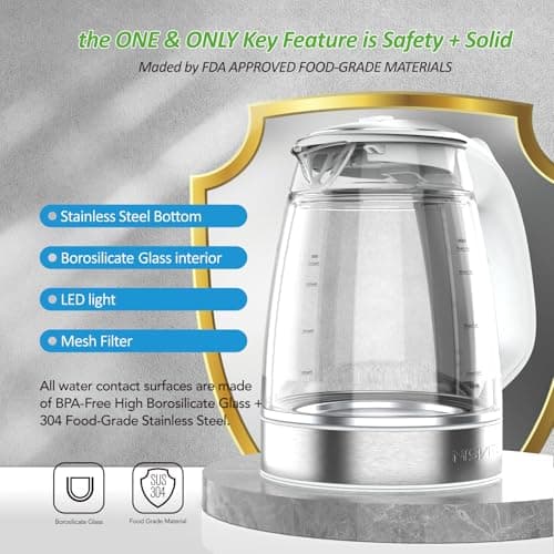 NISVITU Glass & Stainless Steel Cordless Electric kettle for boiling water, Hot water boiler Electric Tea Kettle automatic shut off Boil-Dry Protection, PC Outer + Glass Inner, 1500W, 1.7L, WH 7