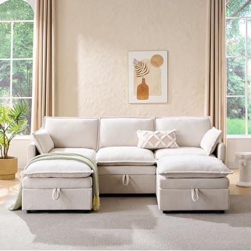 85.83" Sectional Couches for Living Room, Cloud Couch Sectional with Large Storage Ottoman, U-Shape Modular Sectional Sofa with 5 Seater Chenille Sofa and Pillow for Apartment, Bedroom, Beige 7
