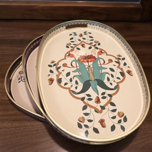 Omuriko Oval Plastic Serving Tray with Handles, Elegant Decorative Tray for Coffee Table, Ottoman, Living Room, Kitchen, Outdoor Use. 10"*16"*1.4" A 7