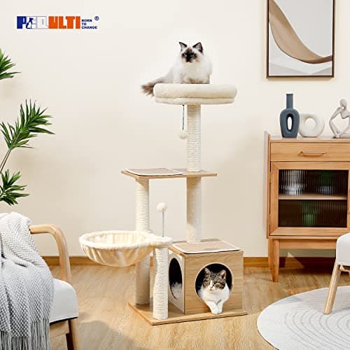 PEQULTI Cat Tree Modern Cat Tower for Indoor Cats,Multilevel Cat Play House with Large Condo, Spacious Hammock, Cozy Top Perch,Scratching Post and Dangling Balls 7