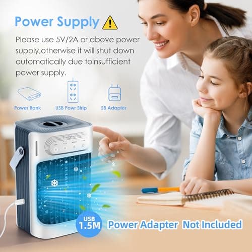 TAKSHO Portable Air Conditioner 3 Cold Wind Speeds-3 Mist Levels, 7 Color-Changing LED Lights - 10W&900ml Water Tank, USB-Powered Evaporative Air Cooler Unit with 2-8 Hour Timer, portable cooling fan 6