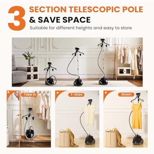 Sweetcrispy Standing Garment Steamer, 1500W Powerful Steamer for Clothes with Roll Wheels, 1.7L Water Tank for 55 Min Continuous Steaming, Professional Wrinkle Remover Heats in 45 Seconds 5