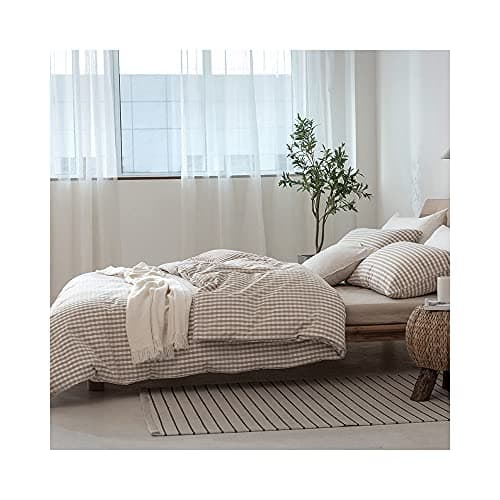 F.Y.Dreams 100% Washed Cotton Duvet Cover for Weighted Blanket 60x80 inches with 16 Ties, Zipper on Long Side/Khaki and White Grid/Just Duvet Cover 5