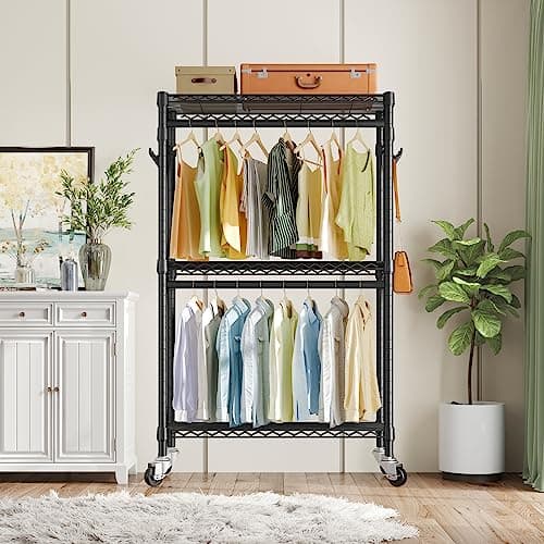 VIPEK R2 Clothes Rack Heavy Duty Clothing Rack for Hanging Clothes, Rolling Garment Rack Adjustable Closet Racks with Double Rods & Hooks, Freestanding Wardrobe Closet Coat Storage Racks, Black 9