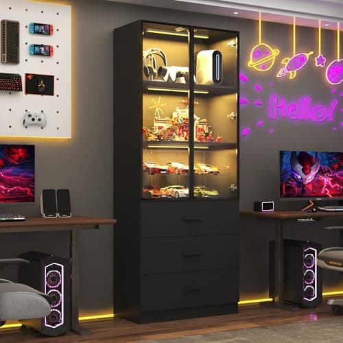 chartustriable 79" Tall Display Cabinet with LED Sensor Light & Pop-up Glass Doors & Drawers, Modern Bookcase Curio Storage Cabinet for Bedroom, Living Room, Office, Black