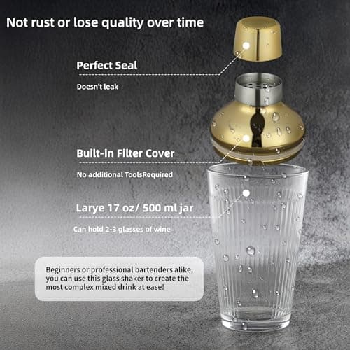 FayuuGem Glass Cocktail Shaker, Martini Shaker with Strainer for Bars, Whiskey, Cocktails 17oz (Gold) 2
