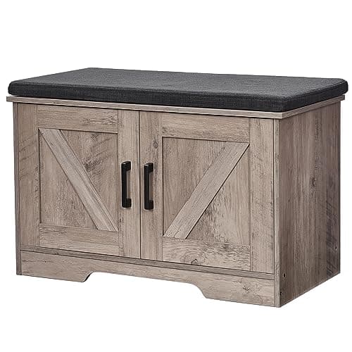 HOMSHO 2-Tier Storage Bench, 27.6" Wide Shoe Bench with Padded Seat Cushion, Entryway Bench with 2 Barn Doors and Adjustable Shelf, Greige