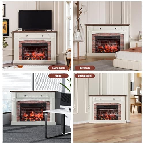 AHB Corner TV Stand with Remote Control, Electric Fireplace with Wooden Mantel, Entertainment Center with Efficient Heating System, Adjustable Brightness Realistic Flame(White) 7