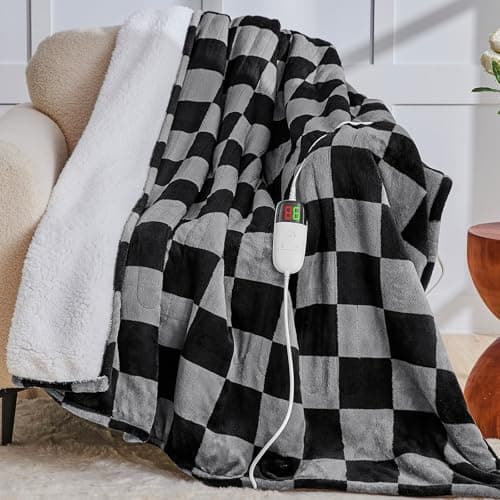 Heated Electric Blanket Throw, 50X60 Heating Blanket with 10 Heat Level & 8 Hours Auto Off for Lap, Black Gray Checkered Plaid Soft Sherpa Blankets Warmer Gifts for Couch Grandma Women Adults